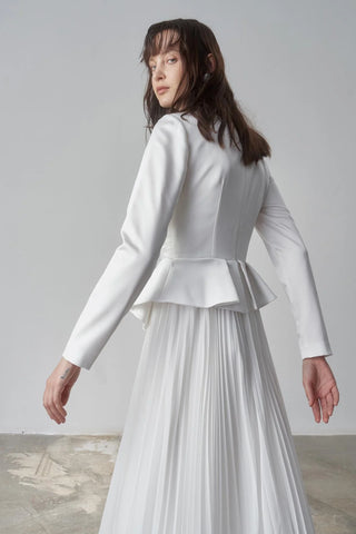 Satin Draped Long Evening Dress with Pleated Skirt - White