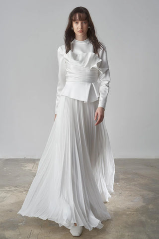 Satin Draped Long Evening Dress with Pleated Skirt - White