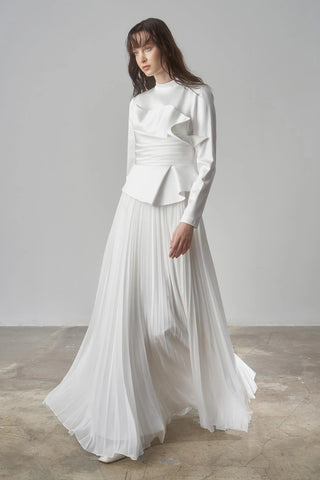 Satin Draped Long Evening Dress with Pleated Skirt - White