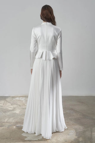 Satin Draped Long Evening Dress with Pleated Skirt - White