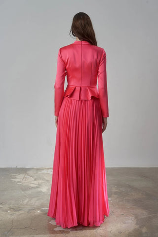 Satin Draped Long Evening Dress with Pleated Skirt - Fuchsia