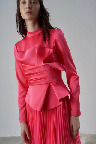Satin Draped Long Evening Dress with Pleated Skirt - Fuchsia