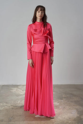 Satin Draped Long Evening Dress with Pleated Skirt - Fuchsia