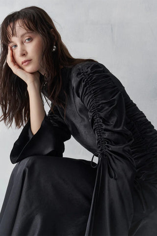Draped Sleeve Satin Evening Gown – Black