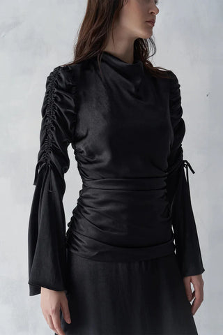 Draped Sleeve Satin Evening Gown – Black