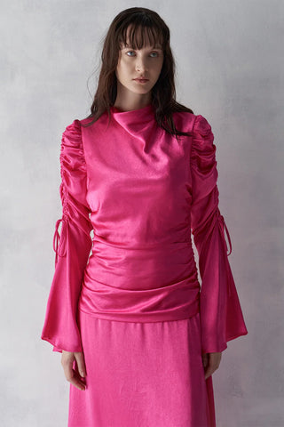 Draped Sleeve Satin Evening Gown – Fuchsia