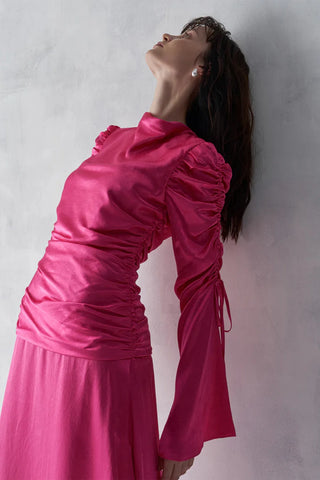 Draped Sleeve Satin Evening Gown – Fuchsia