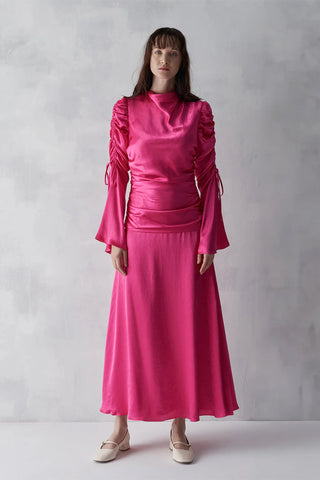 Draped Sleeve Satin Evening Gown – Fuchsia