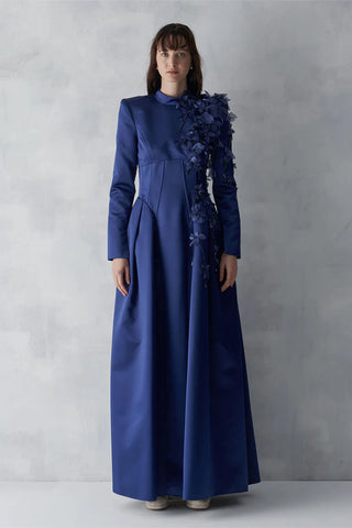 3D Floral Corset-Detail Evening Gown – Navy