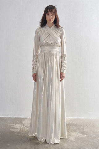 Draped Cross-Band Evening Gown – Ecru