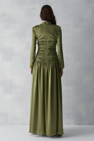 Ruched Waist Draped Long Evening Dress - Haki