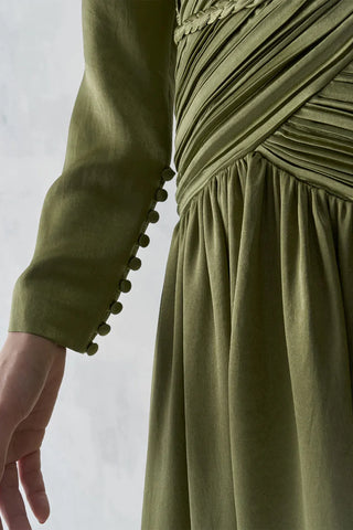 Ruched Waist Draped Long Evening Dress - Haki