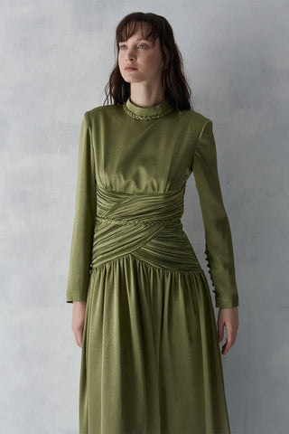 Ruched Waist Draped Long Evening Dress - Haki