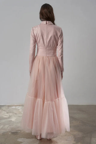 Drape Detailed Tulle Skirt Evening Gown – Powder