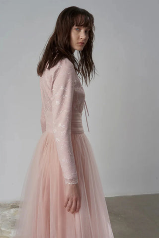 Drape Detailed Tulle Skirt Evening Gown – Powder