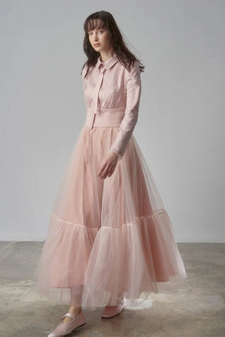 Drape Detailed Tulle Skirt Evening Gown – Powder