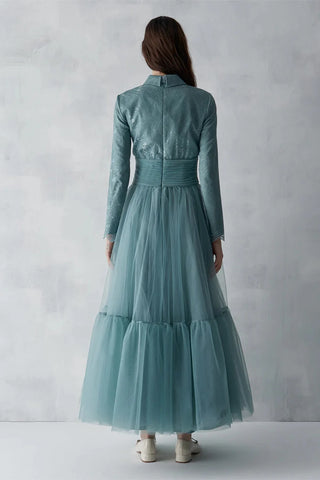 Drape Detailed Tulle Skirt Evening Gown – Mint