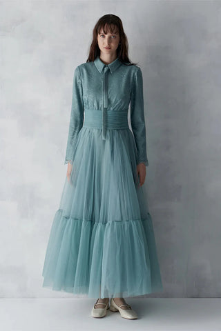 Drape Detailed Tulle Skirt Evening Gown – Mint