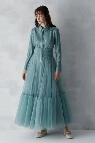 Drape Detailed Tulle Skirt Evening Gown – Mint