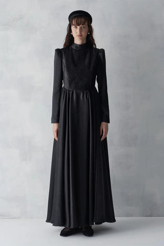 High Neck Textured Bodice Evening Gown – Black