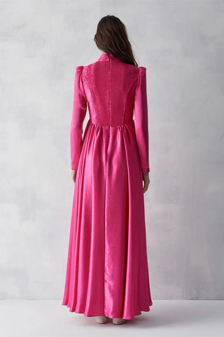 High Neck Textured Bodice Evening Gown – Fuchsia