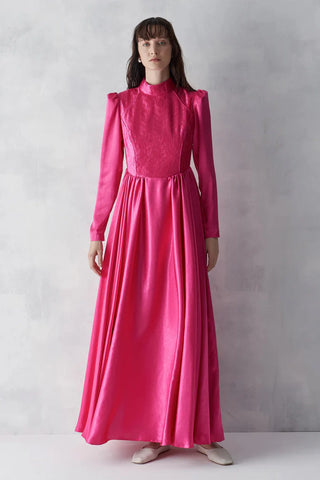 High Neck Textured Bodice Evening Gown – Fuchsia