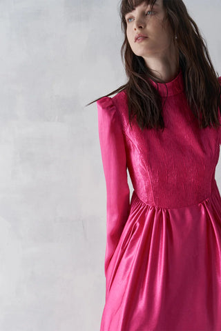 High Neck Textured Bodice Evening Gown – Fuchsia