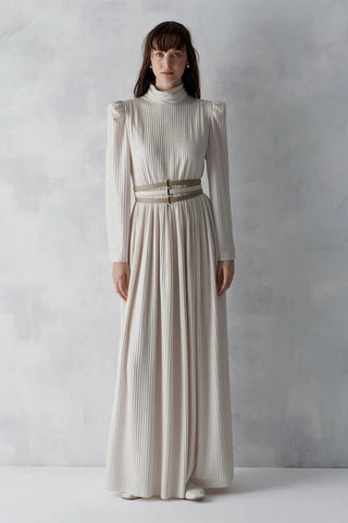 Metallic Ribbed Belted Evening Gown – Beige