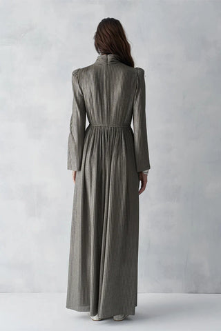 Metallic Ribbed Belted Evening Gown – Khaki