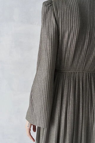 Metallic Ribbed Belted Evening Gown – Khaki