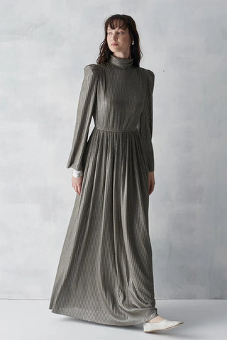 Metallic Ribbed Belted Evening Gown – Khaki
