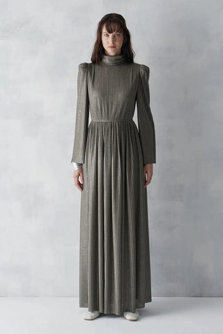 Metallic Ribbed Belted Evening Gown – Khaki