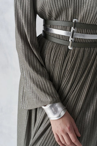 Metallic Ribbed Belted Evening Gown – Khaki