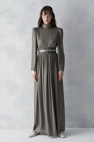 Metallic Ribbed Belted Evening Gown – Khaki