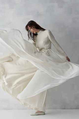 Pleated Bodice Embellished Evening Gown – Cream