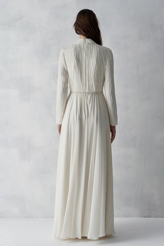 Pleated Bodice Embellished Evening Gown – Cream