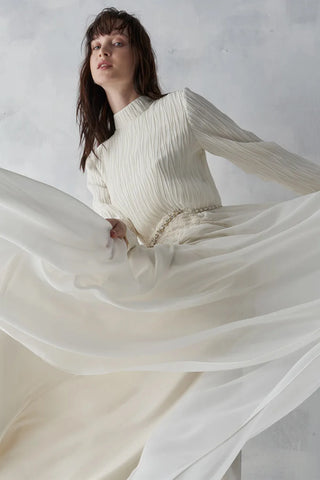 Pleated Bodice Embellished Evening Gown – Cream