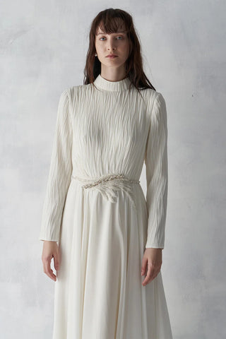 Pleated Bodice Embellished Evening Gown – Cream