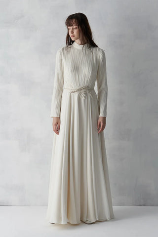 Pleated Bodice Embellished Evening Gown – Cream