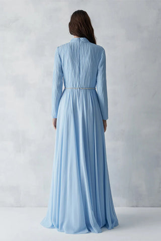 Pleated Bodice Embellished Evening Gown – Light Blue