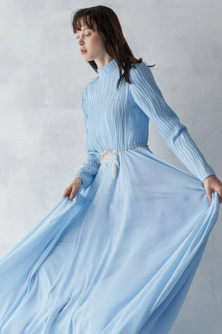 Pleated Bodice Embellished Evening Gown – Light Blue