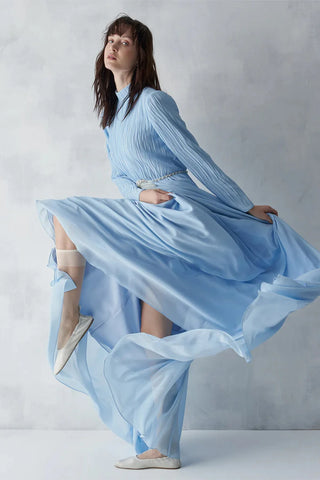 Pleated Bodice Embellished Evening Gown – Light Blue