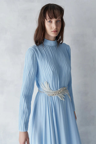 Pleated Bodice Embellished Evening Gown – Light Blue