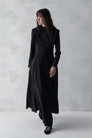 Draped Waist Long Evening Dress - Black