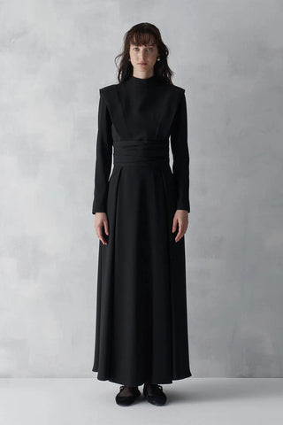 Draped Waist Long Evening Dress - Black