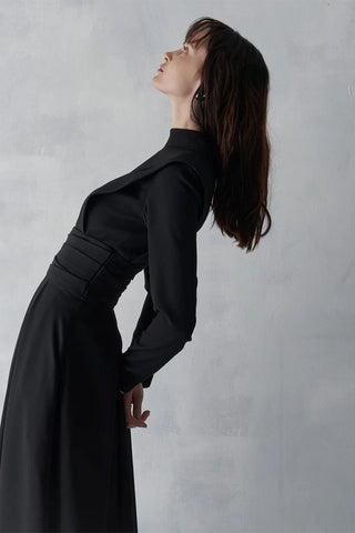 Draped Waist Long Evening Dress - Black