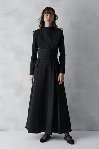 Draped Waist Long Evening Dress - Black