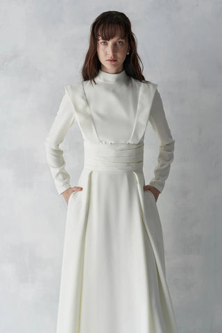 Draped Waist Long Evening Dress - White