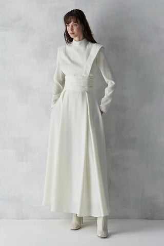 Draped Waist Long Evening Dress - White