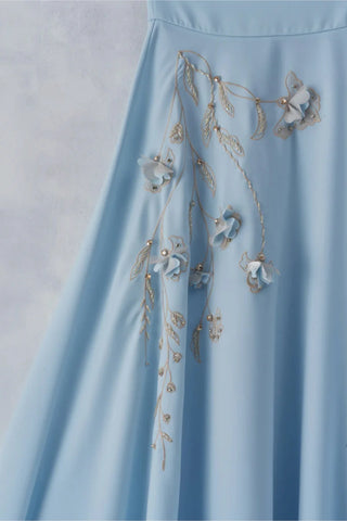 Floral Embroidered Blouse & Skirt Set – Light Blue